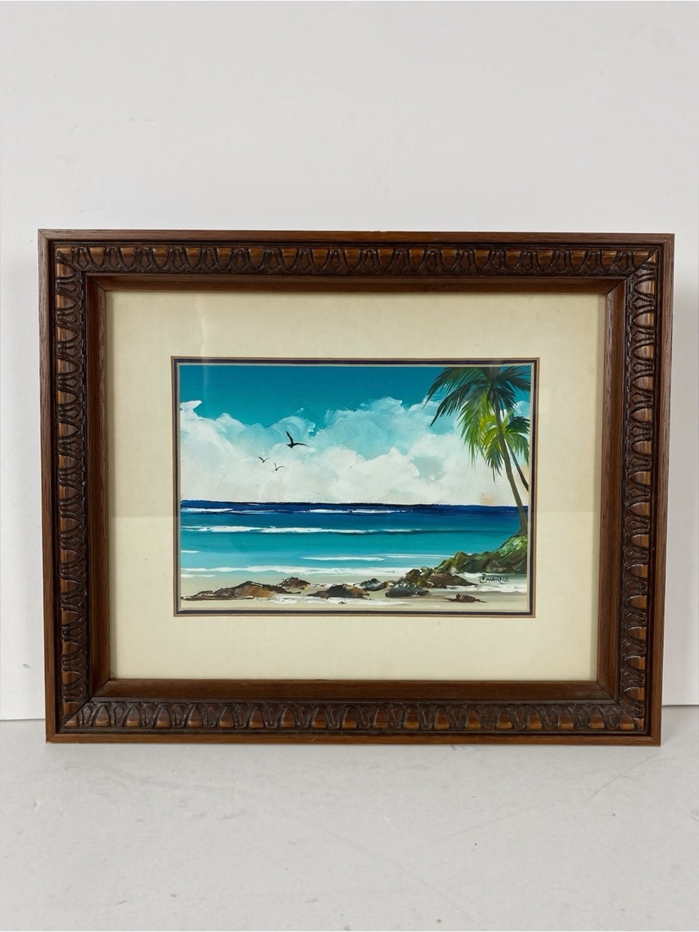 Original Painting Framed Matted Signed Charie On Board Ocean Beach Vintage